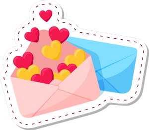 open pink evenlope with red and yellow hearts coming out behind a blue closed envelope